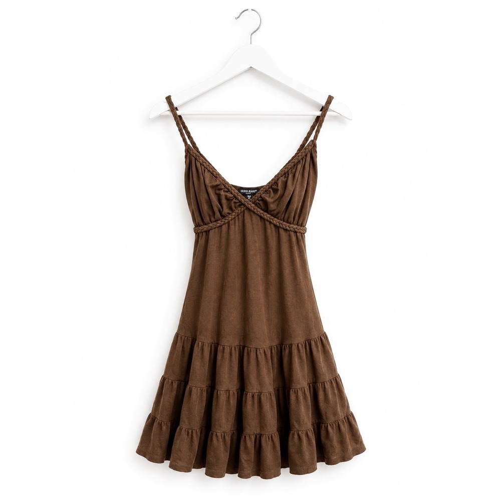 Vintage Guess Jeans Y2K Brown Braided Tiered Ruffle Mini Dress Medium USA Made